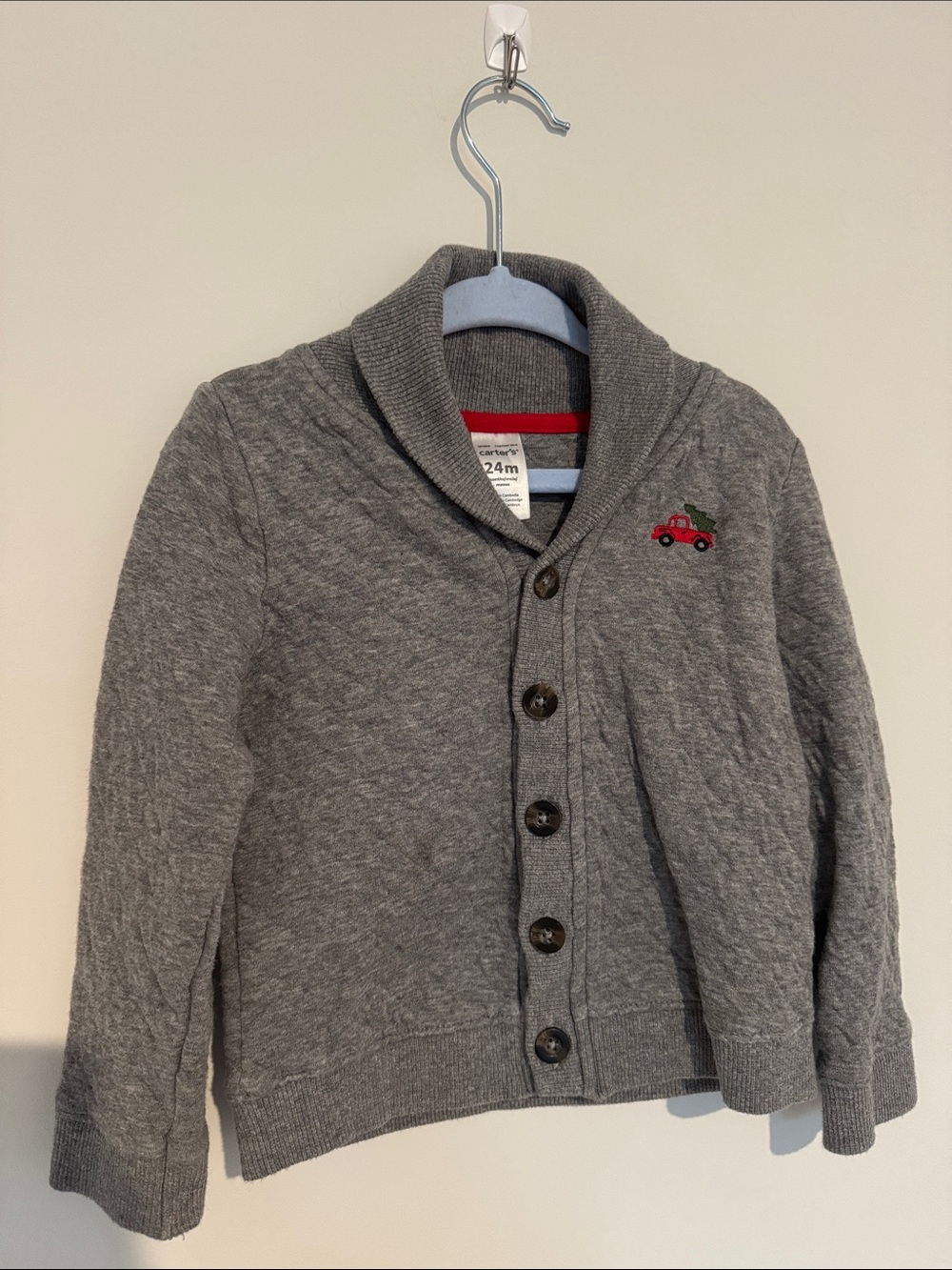 Carter's Gray Shawl Collar Button Cardigan with Red Christmas Car Embroidery 24M